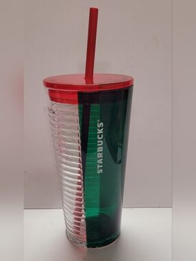 Starbucks Green & Clear Holiday 2021 Tumbler with Red Lid and Straw